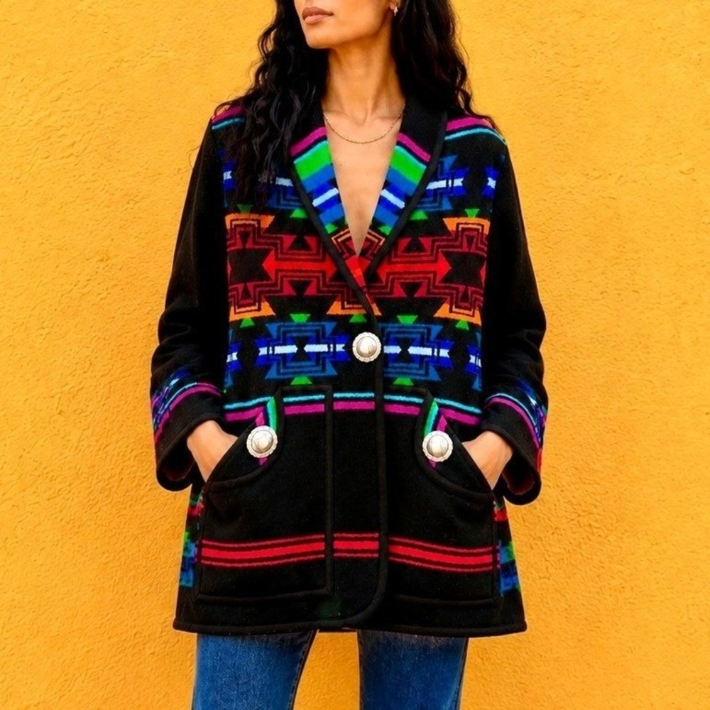 Vintage 70s Black Rainbow Blanket Jacket Coat Boho Western Large Southwestern